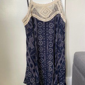 Aqua Blue and White Dress with Crochet Neck Size L